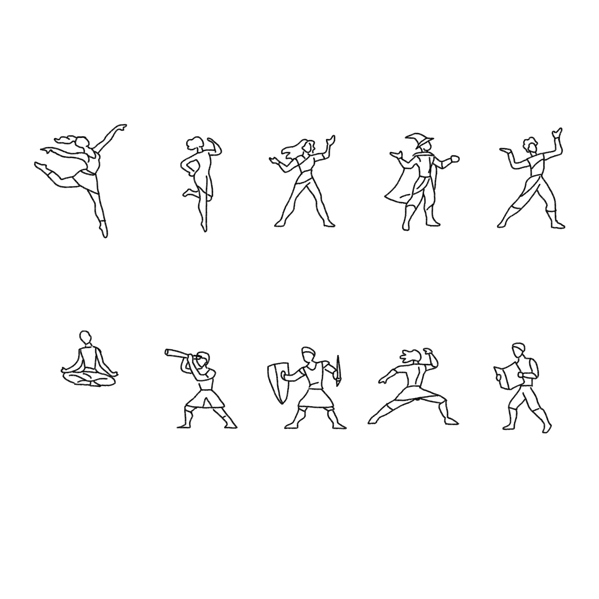 Siluetas plenamente realizadas refinan las formas anteriores. Un trazo limpio y preciso define cada personaje con claridad, completando la transformación desde marcas crudas e instintivas hasta figuras pulidas y expresivas.