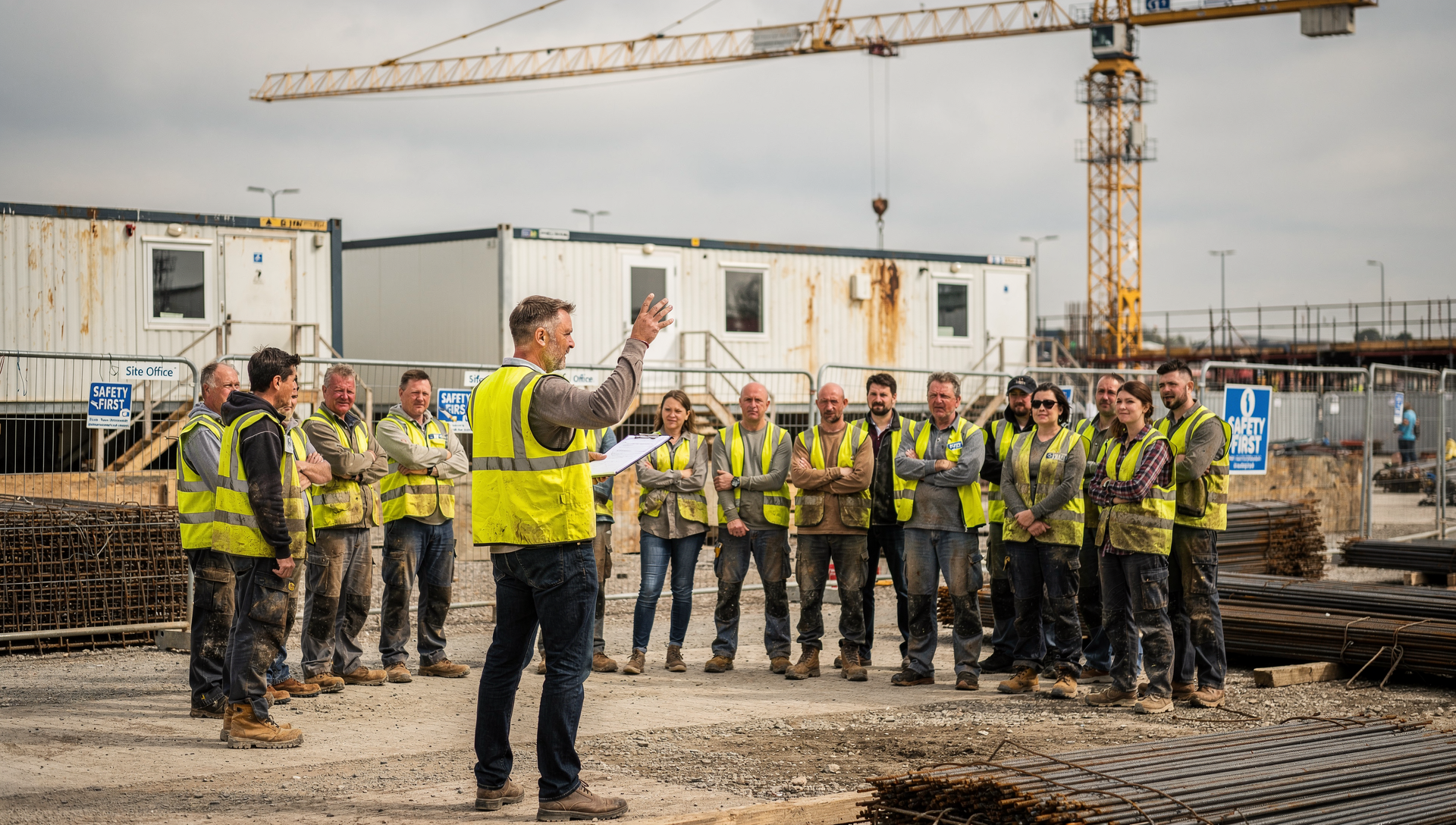 Construction workers having a brief on site