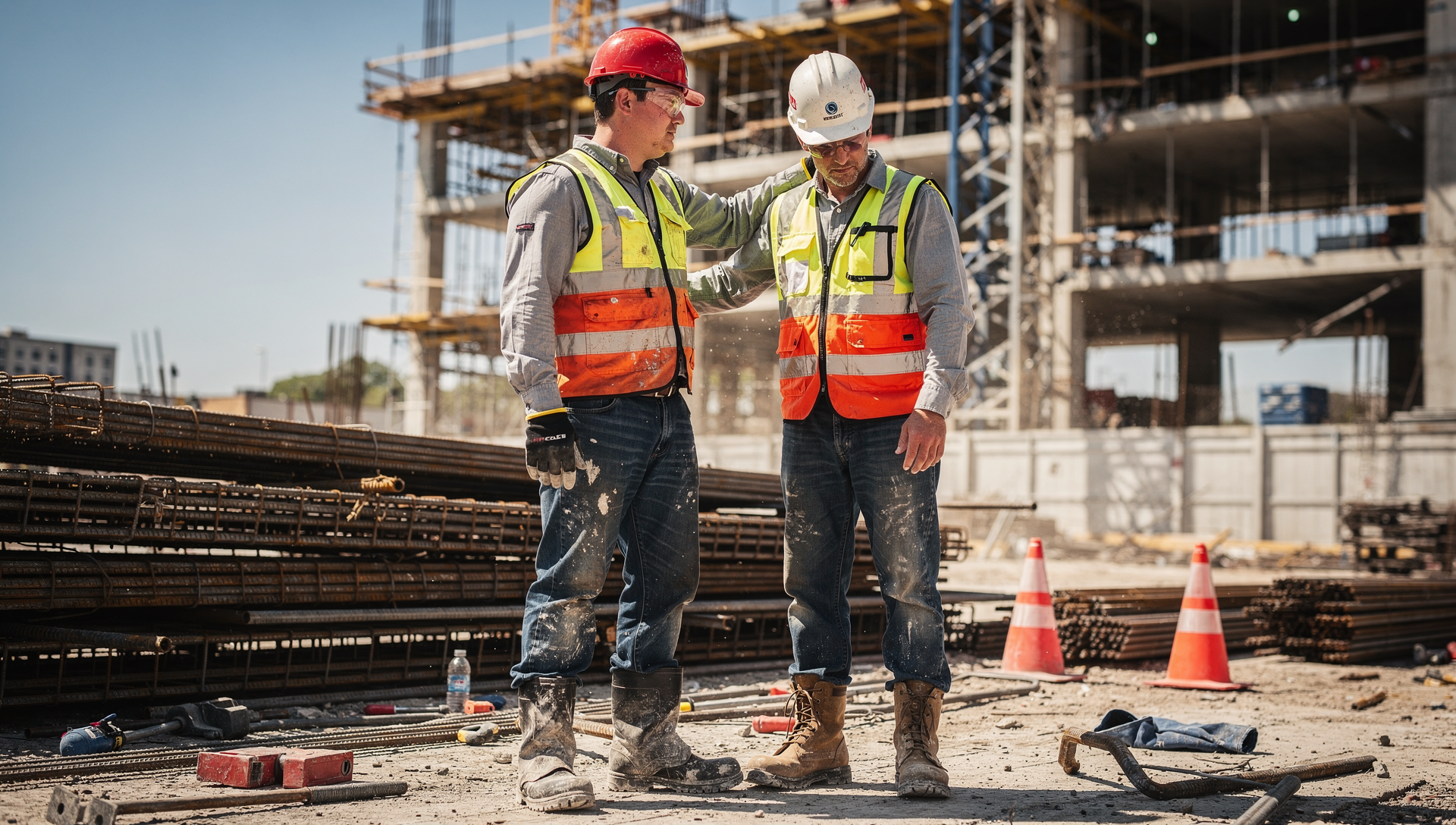 Two hard hat workers having a difficult conversation