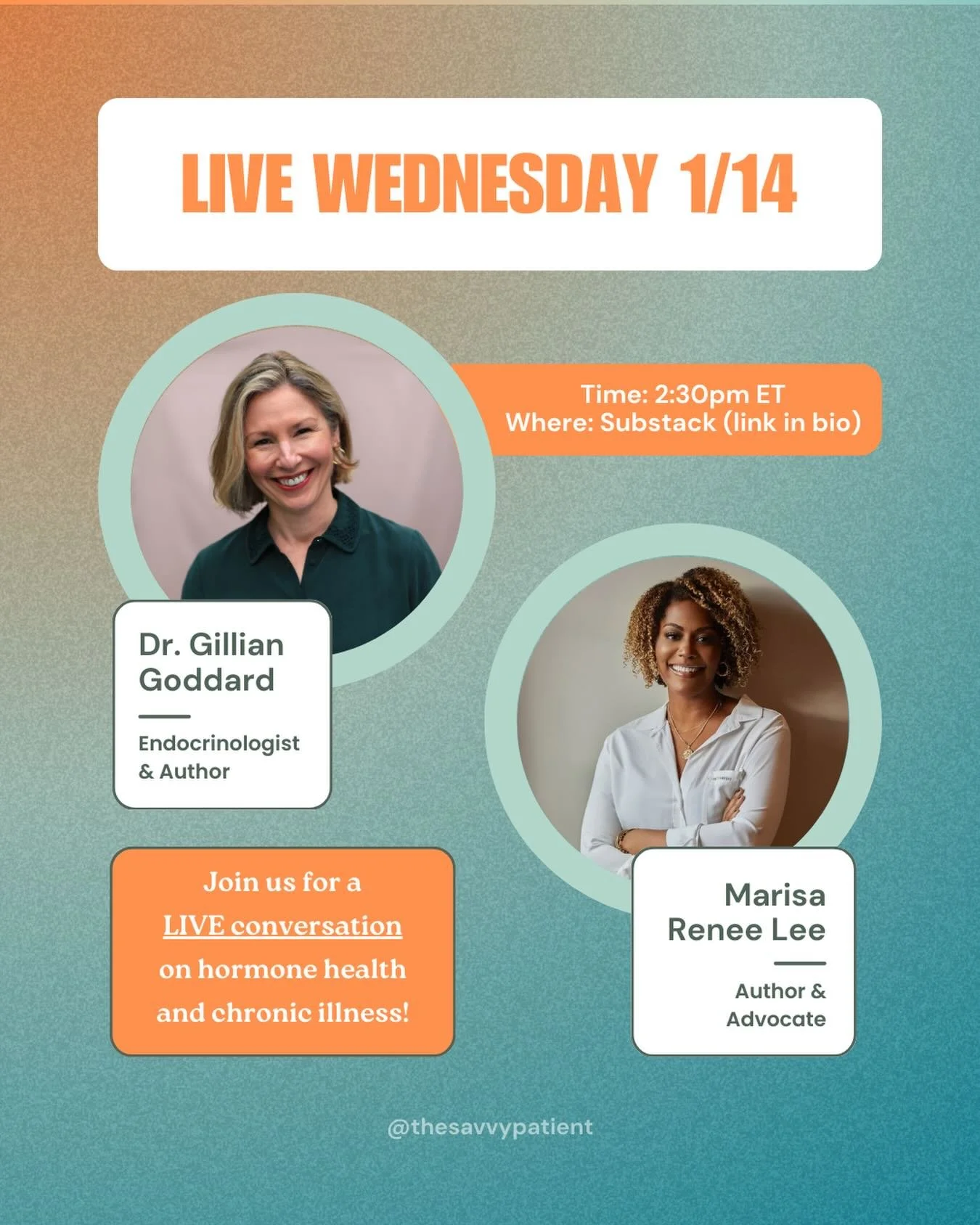 Our next Substack Live will be in conversation with @marisareneelee, author of Grief is Love and Holding Both, on NEXT Wednesday, January 14 2:30 pm ET. We will be discussing hormone health and chronic illness, so make sure to save this post. You don