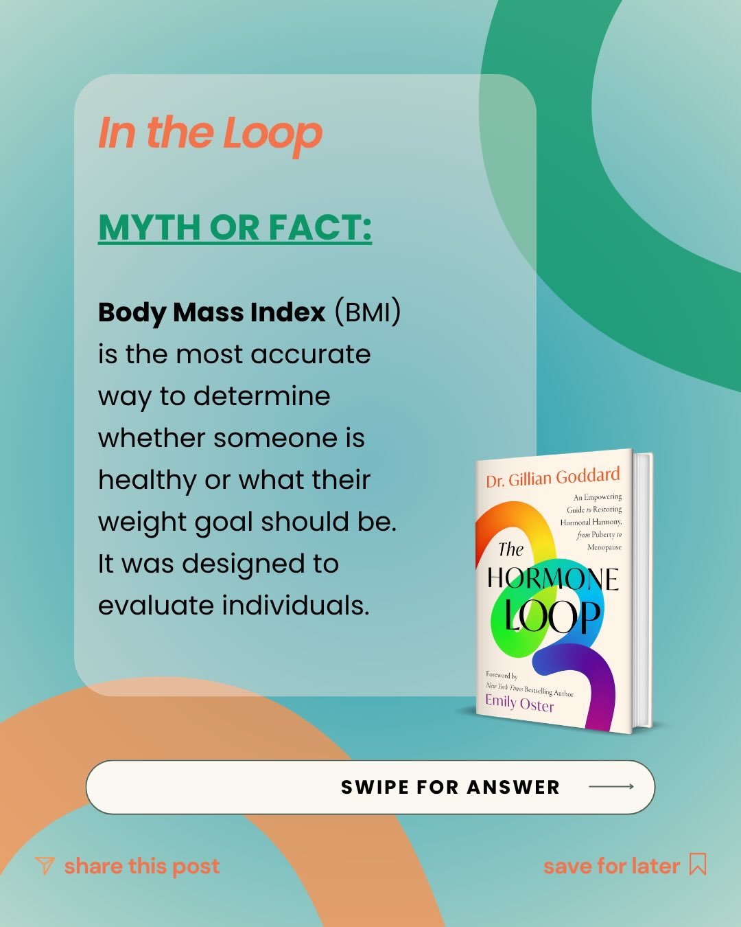 A preview of what I discuss in The Hormone Loop, out this June:

Myth: BMI tells you whether someone is healthy.

Fact: Body mass index was never designed to evaluate individual health. It was created as a research tool to study large populations, an