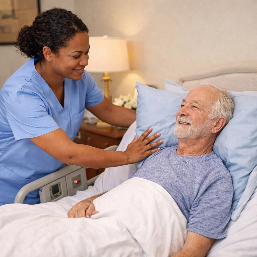 A Female Caregiver Helps Reposition Pillows In A Hospital Bed With A Bed Bound Senior Male
