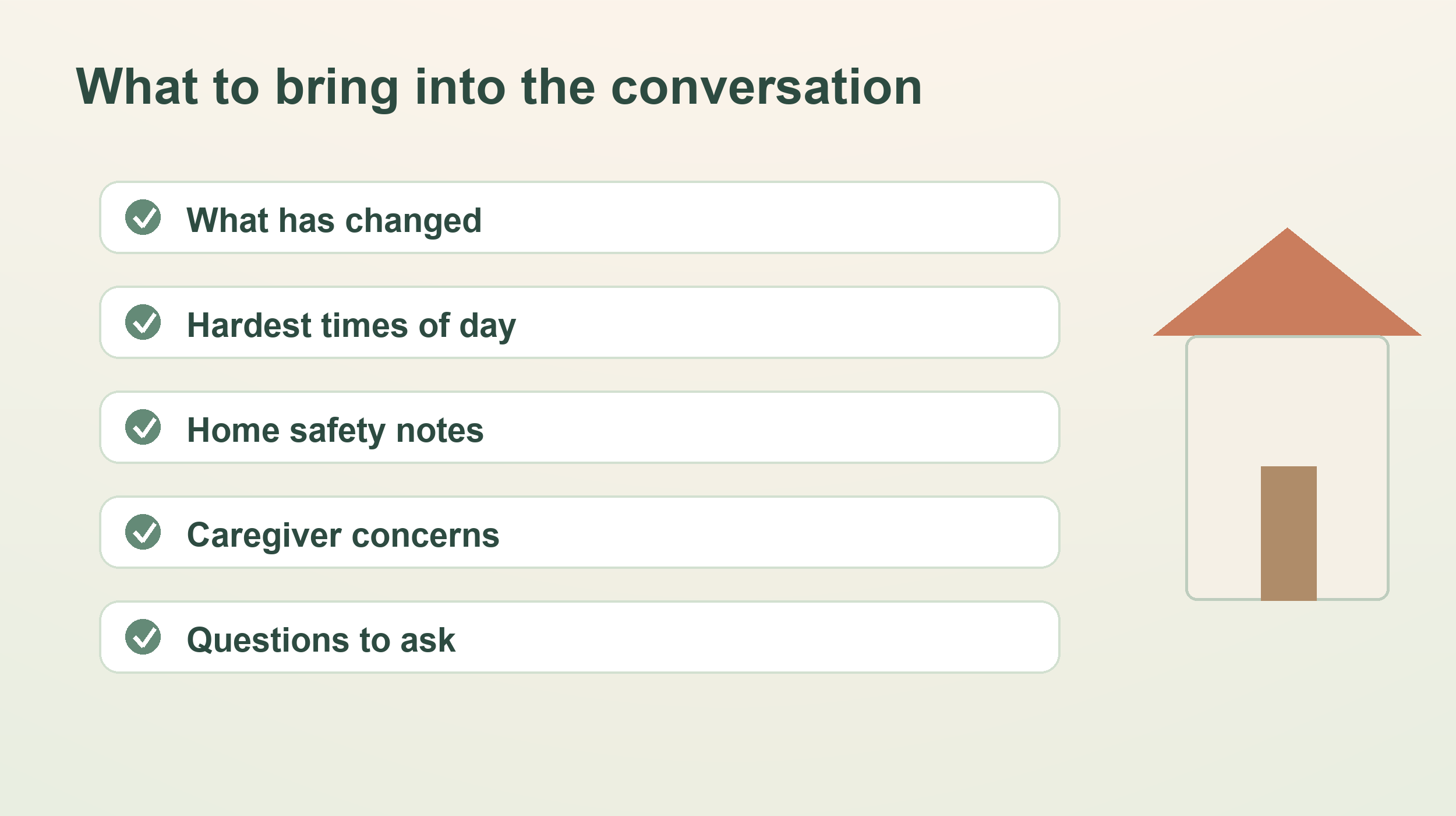 Calm checklist-style visual showing key preparation notes for an in-home senior care consultation.
