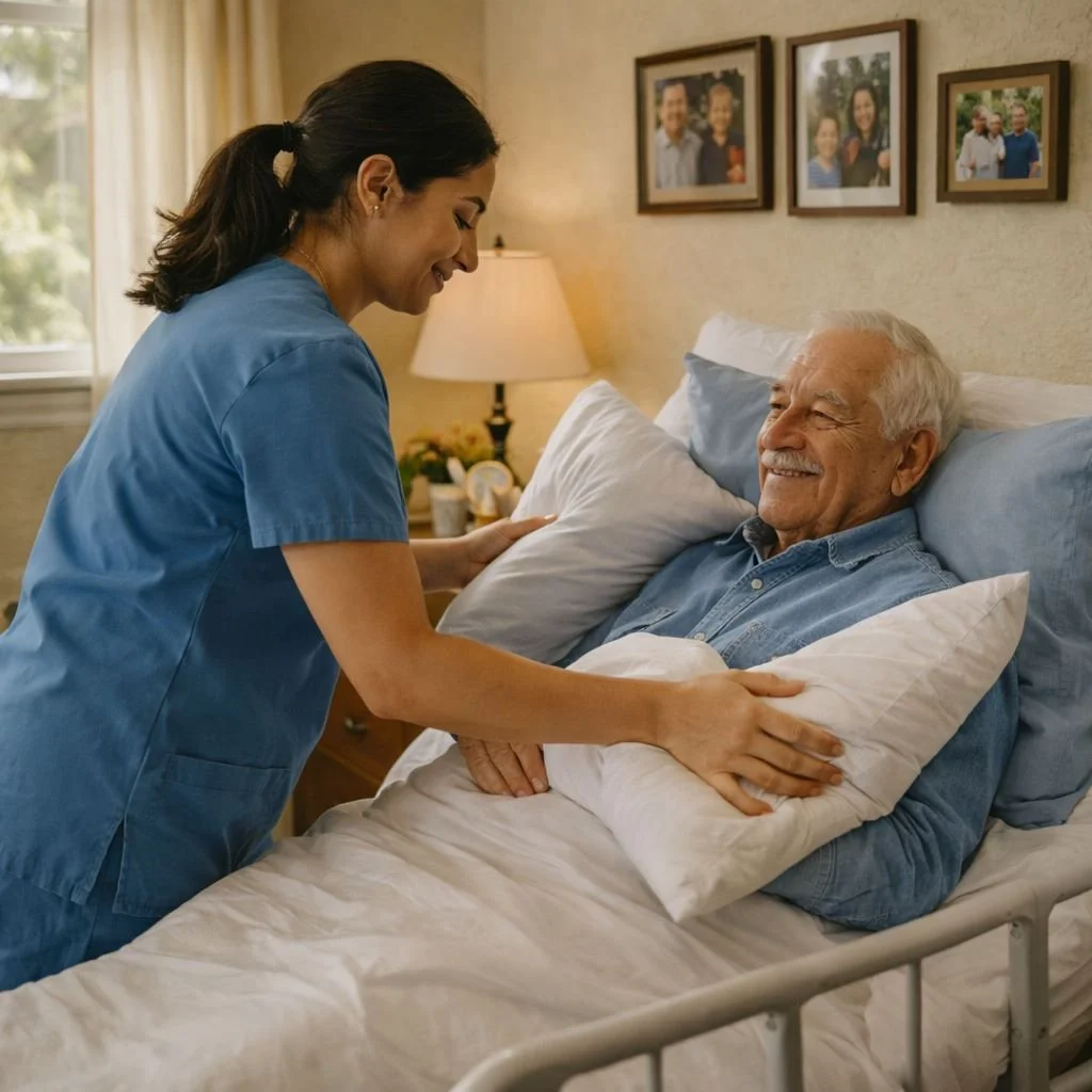 A Female Caregiver Carefully Positions Pillows For A Senior Male That Is Bed Bound