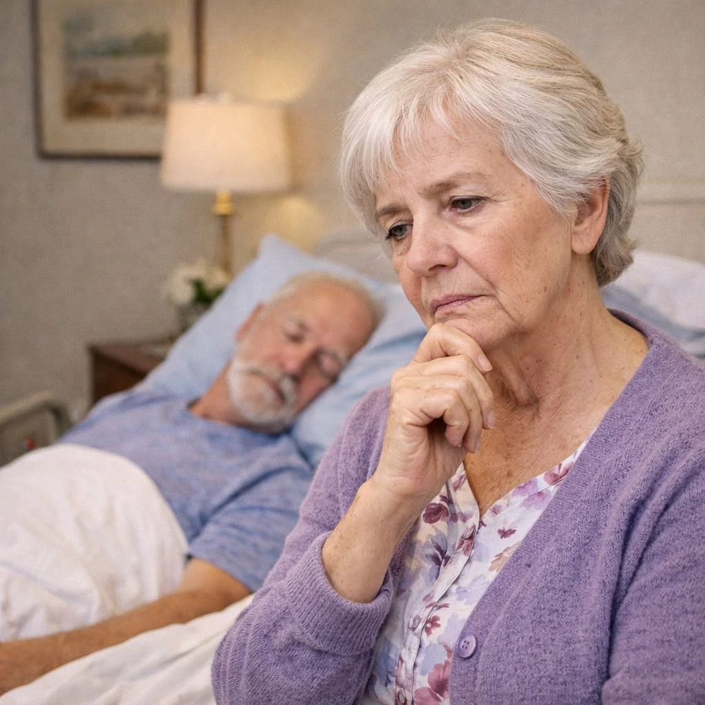 Senior Female Spouse Seen With Her Husband Sleeping In A Hospital Bed Is Concerned About His Care After Discharge