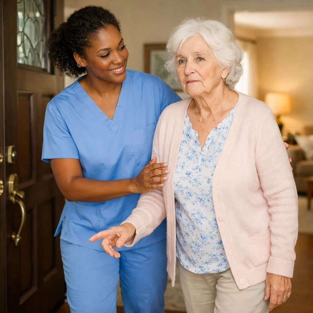 Female Caregiver Gently Redirects A Senior Female With Dementia Away From The Front Door Back Into The Living Room