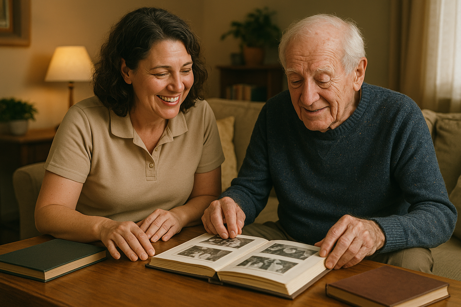 A woman and an elderly man sit at a table, looking at a photo album together and smiling.