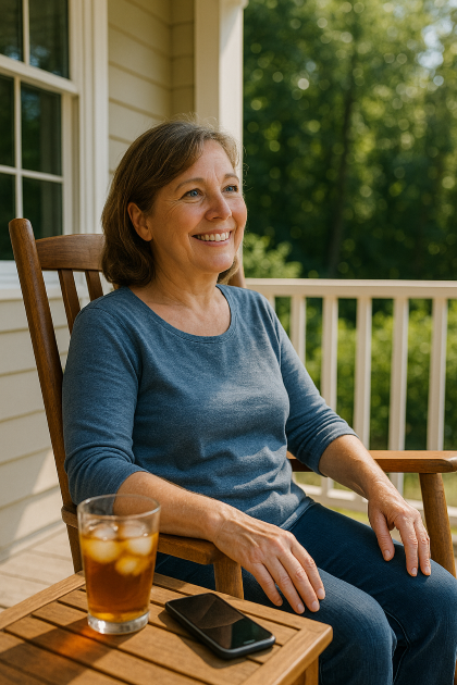 Woman Relaxing In A Rocking Chair On Her Back Porch