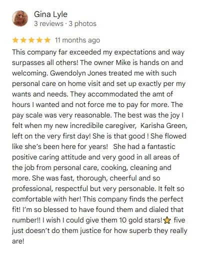 A Five Star Online review of a caregiving company highlighting positive experience with caregiver Karisha Green.