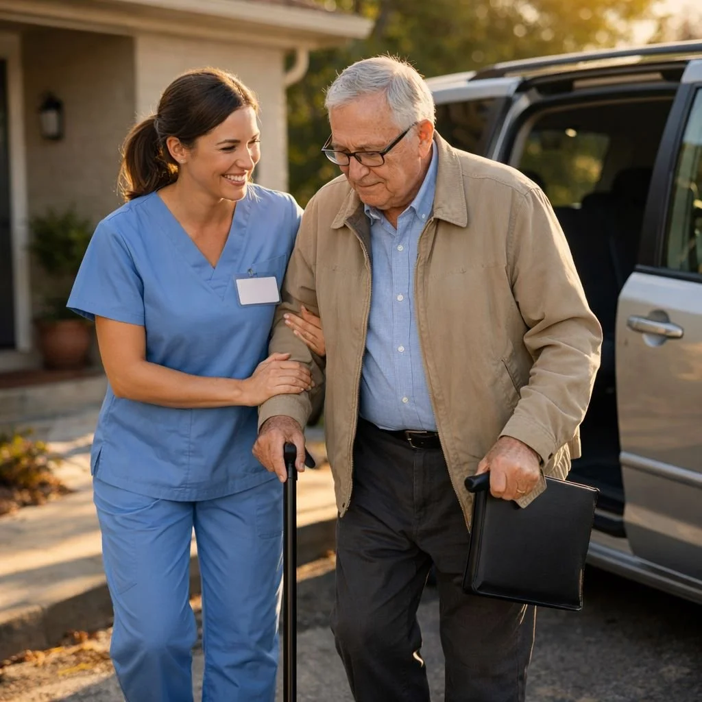 Female Caregiver Assisting A Senior Male To His Door After Returning From An Appointment