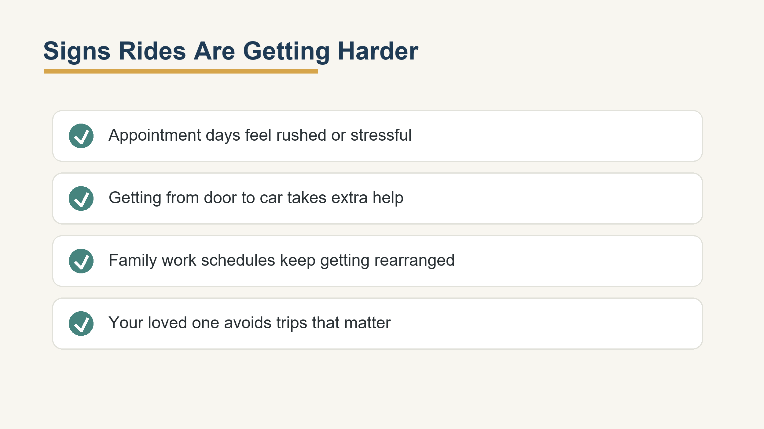 Checklist graphic showing signs appointment rides are getting harder for an older loved one.