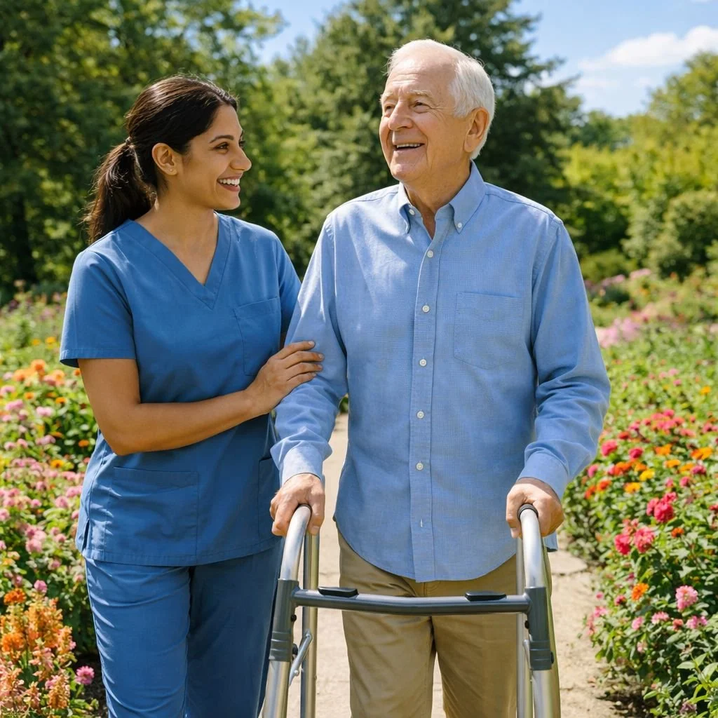 Female caregiver is assisting a male client. They are walking through a flower garden and enjoying the day.