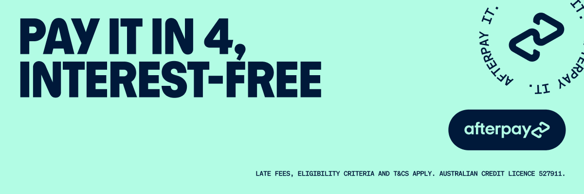 Promotion for Afterpay highlighting the option to pay in 4 interest-free installments, with small print about late fees, eligibility, T&Cs, and an Australian credit license.