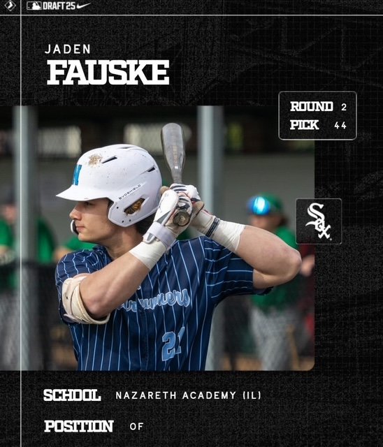 Image of a young baseball player in a blue uniform and white helmet holding a bat in ready stance, with text overlay mentioning Jaden Fauske, Round 2 Pick 44, Nazareth Academy IL, and position of
