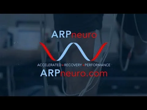Diagram of brain wave patterns with the words "ARP neuro" and "ARP neuro.com," highlighting accelerated recovery and performance in neuroscience.