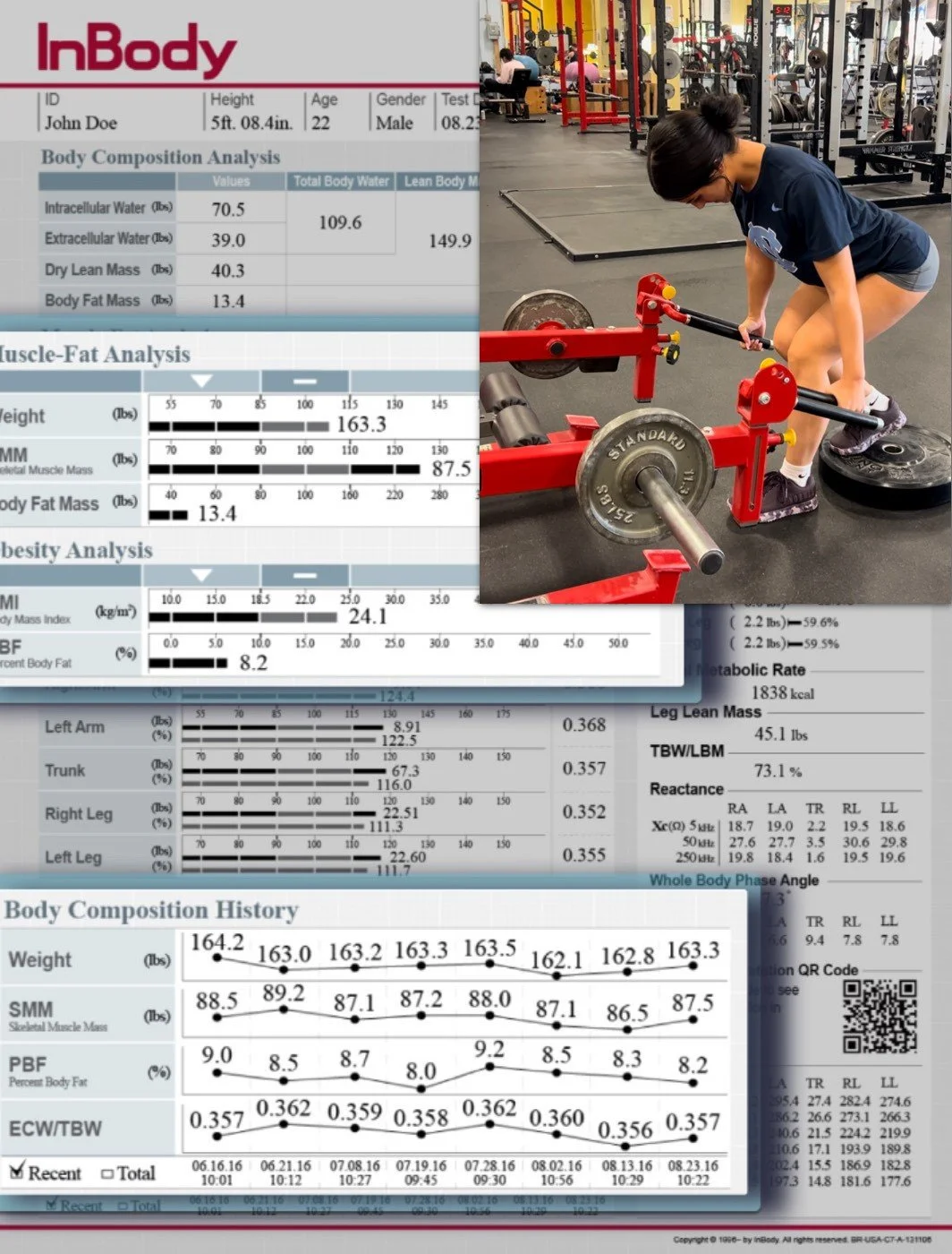 A woman working out with a sled machine in a gym, with a body composition analysis report overlayed on the image.