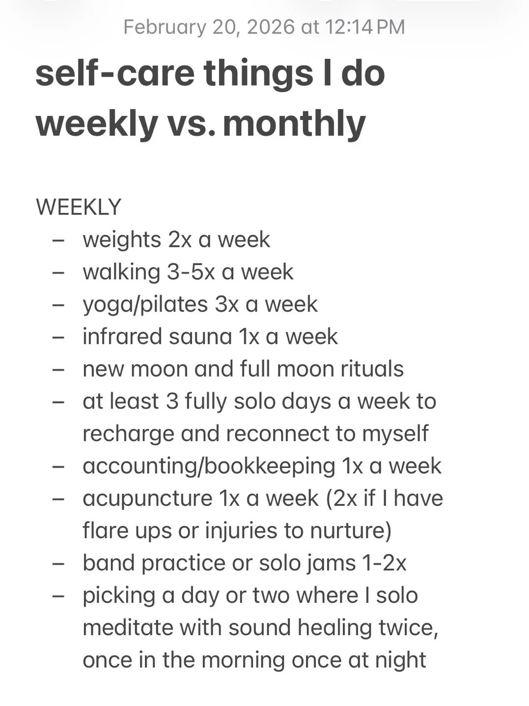 Forgot to add weekly therapy lol. Btw a lot of these self-care activities are either pre-recorded, self-practiced at home, at community clinics, for trade, sliding scale, or extremely discounted package pricing. 

Taking care of ourselves is a huge p