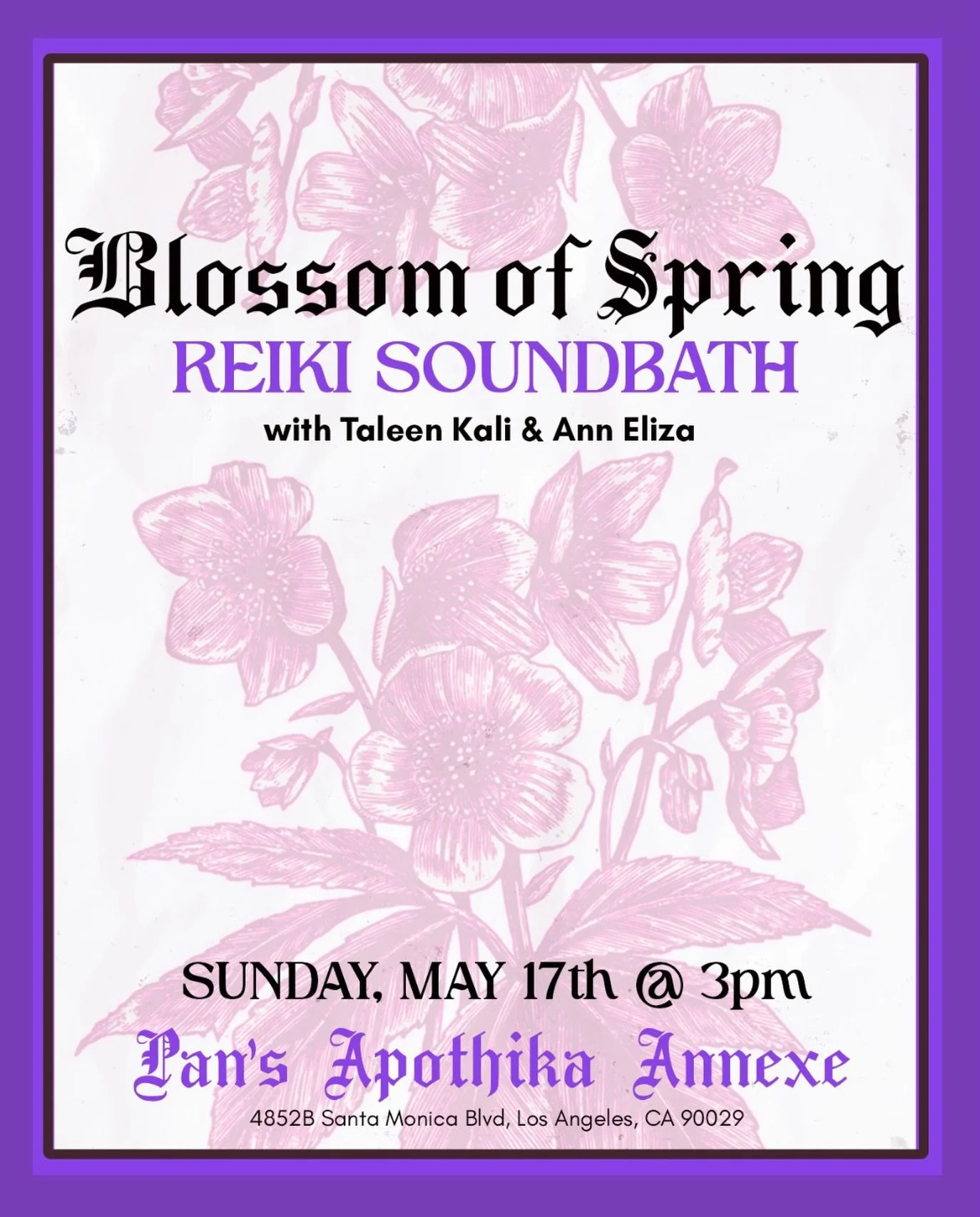 🪻🌸 BLOSSOM OF SPRING 🌸🪻
Reiki soundbath! We&rsquo;re so excited collaborate with @sundowntarot on the next of many events to be held at @pans.apothika.annexe this year!

On May 17th, halfway through the spring season, @taleenkali of @eternaleyest