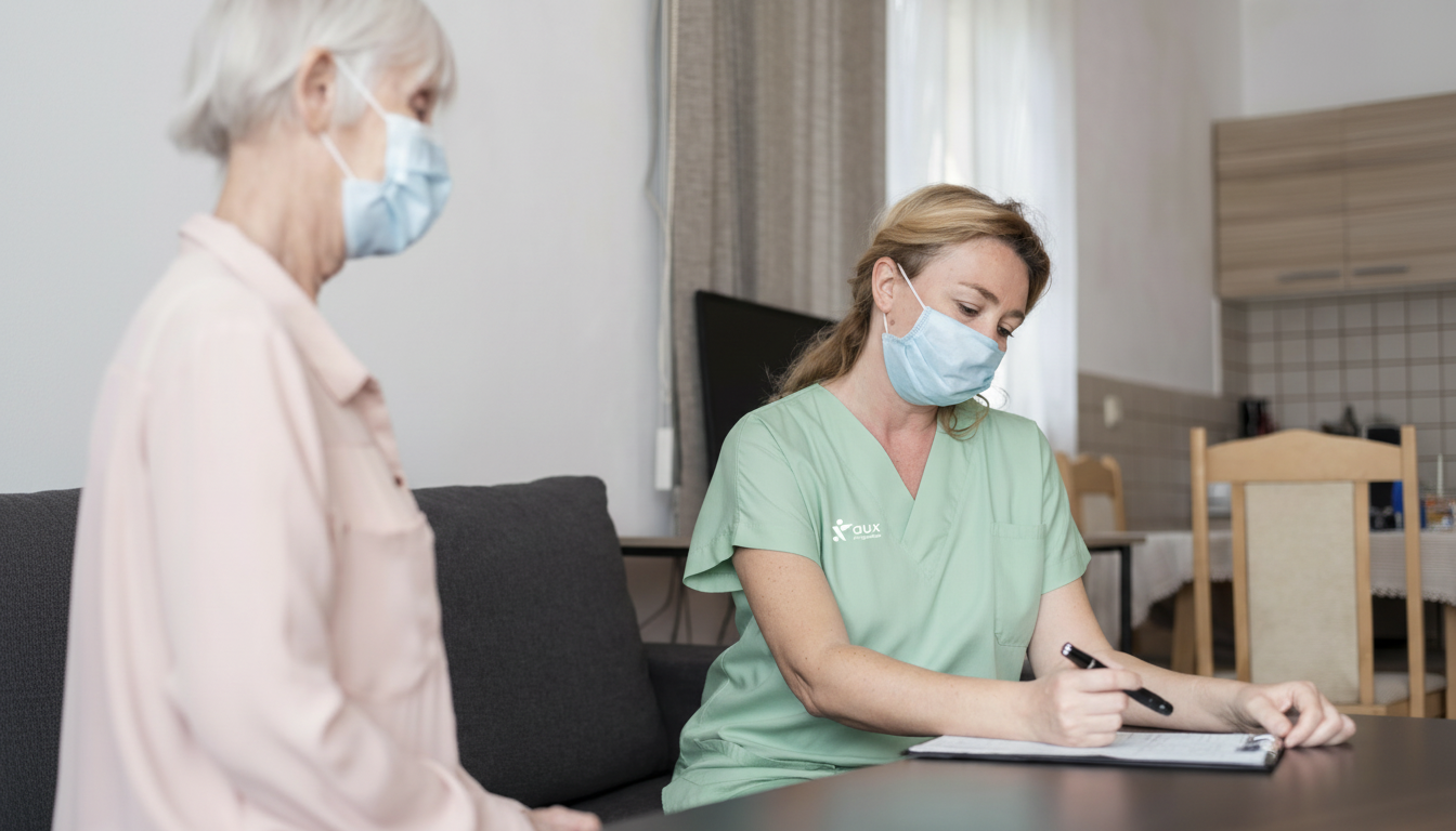 Zwei Frauen in Schutzmasken, eine ältere mit weißen Haaren und eine jüngere in grüner Krankenschwester-Uniform, sitzen an einem Tisch und schreiben.