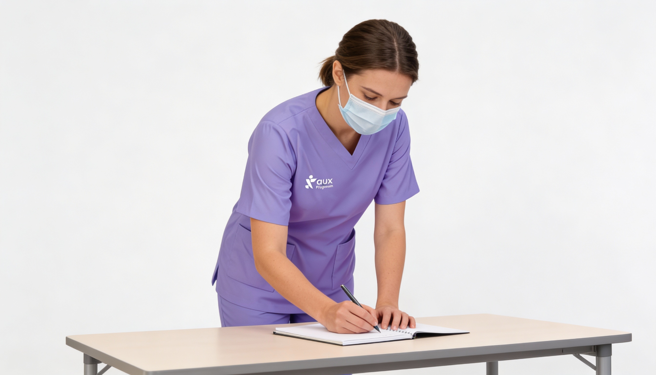 Pflegekraft in lila Uniform mit Maske schreibt in einem Heft auf einem Tisch.