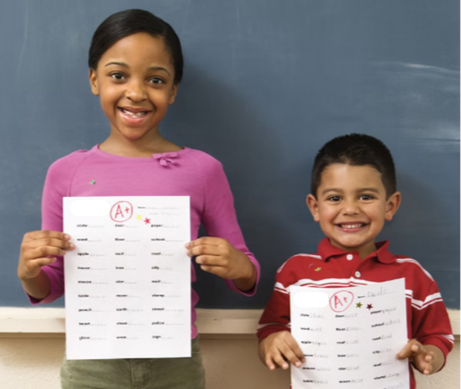Two kids, a girl and a boy, smiling and holding up report cards in a classroom with a chalkboard background.