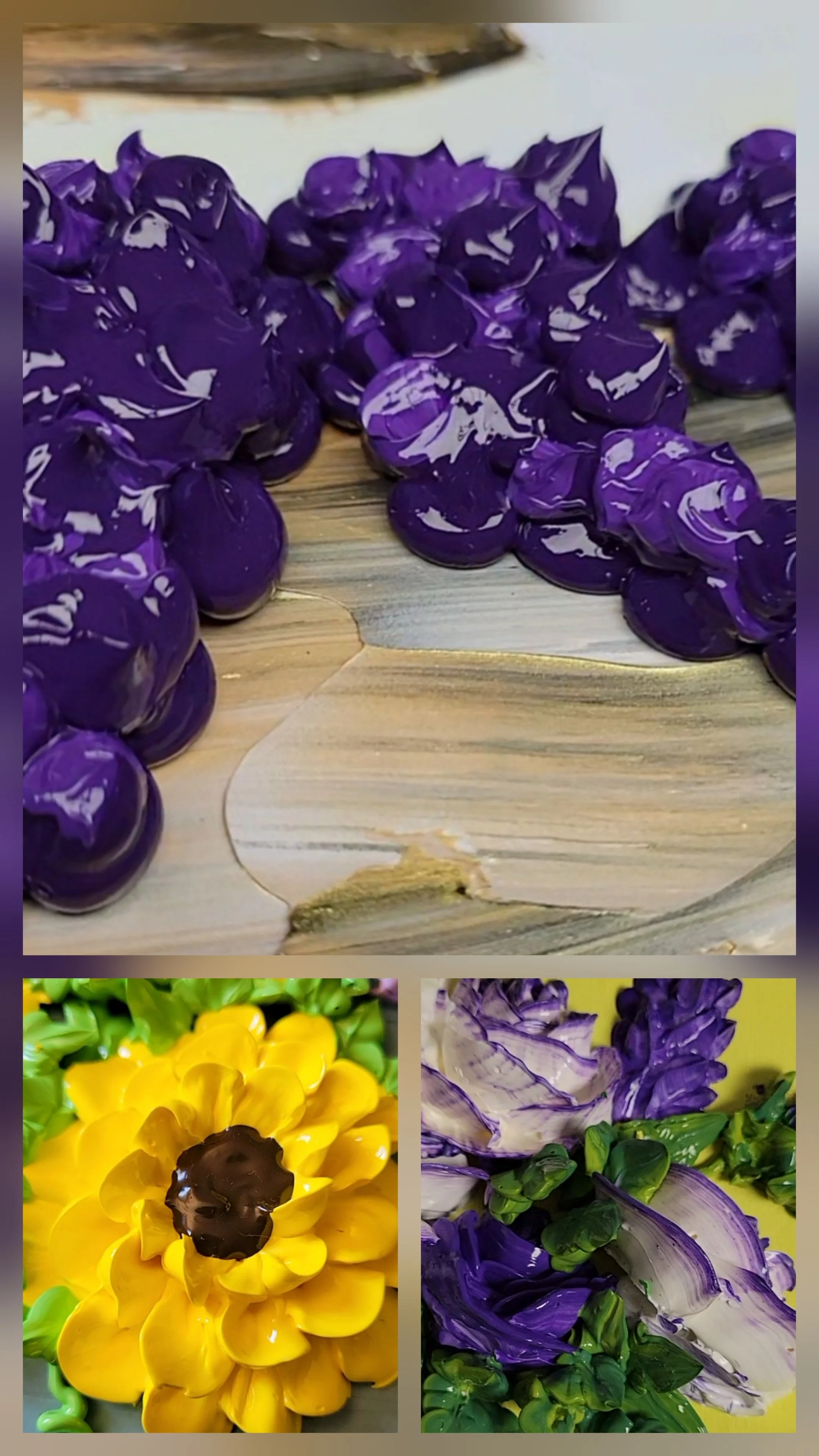 Close-up of colorful heavy-texture paint resembling flowers, including purple, yellow, and green pieces, with a focus on the details of deep textures.