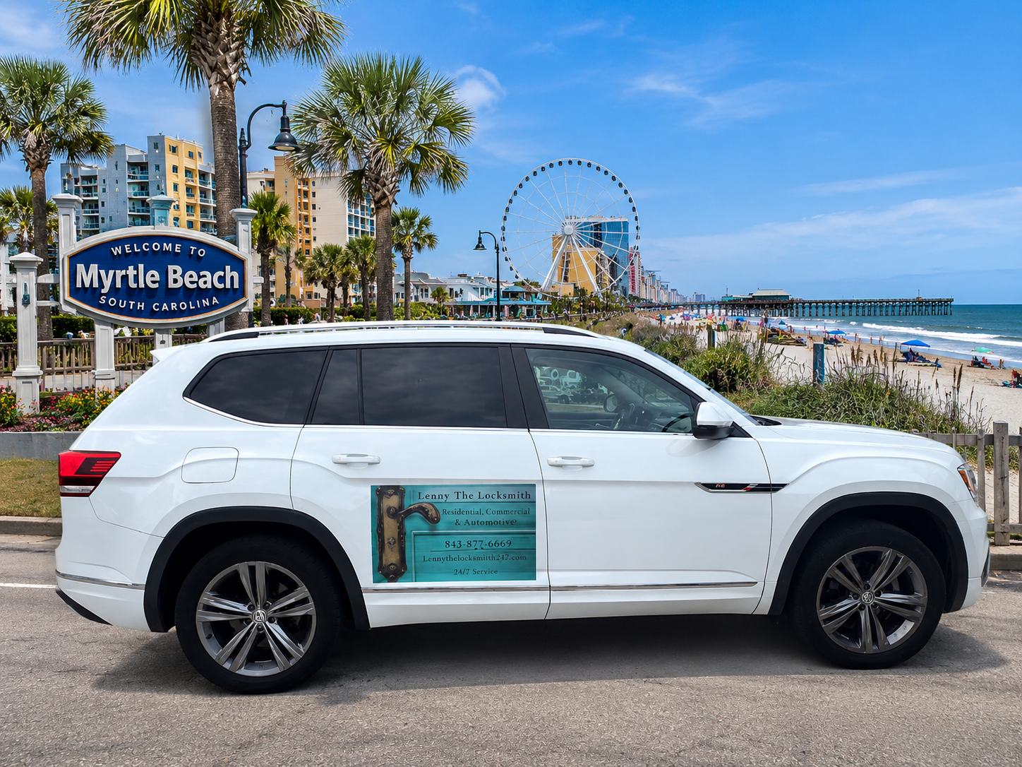White SUV parked on street in Myrtle Beach, South Carolina, with signs and the ocean in the background. The vehicle has an advertisement for Lenny The Locksmith on the side.