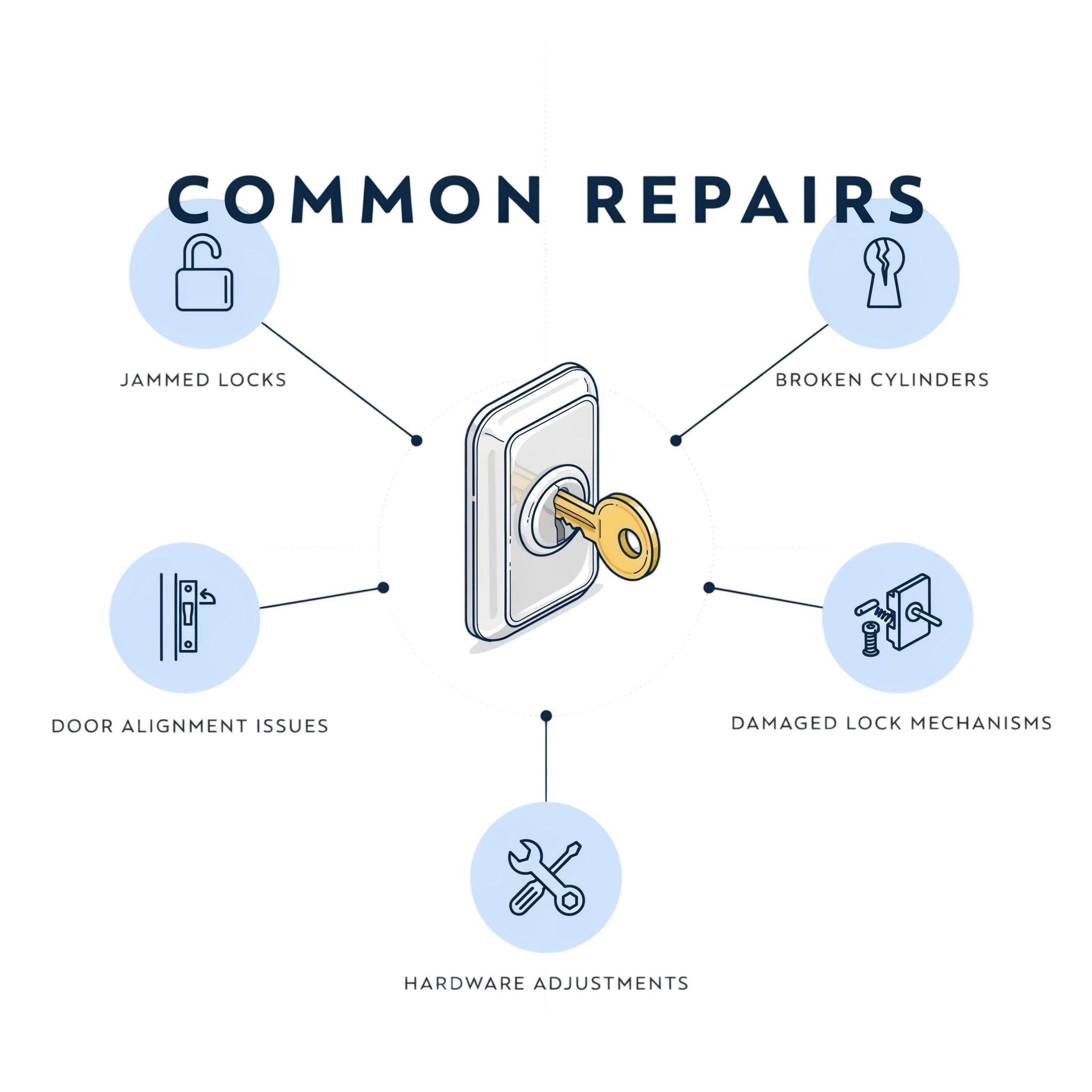 Diagram illustrating common repair issues, including jammed locks, broken cylinders, door alignment issues, damaged lock mechanisms, hardware adjustments, and tools needed for repairs.
