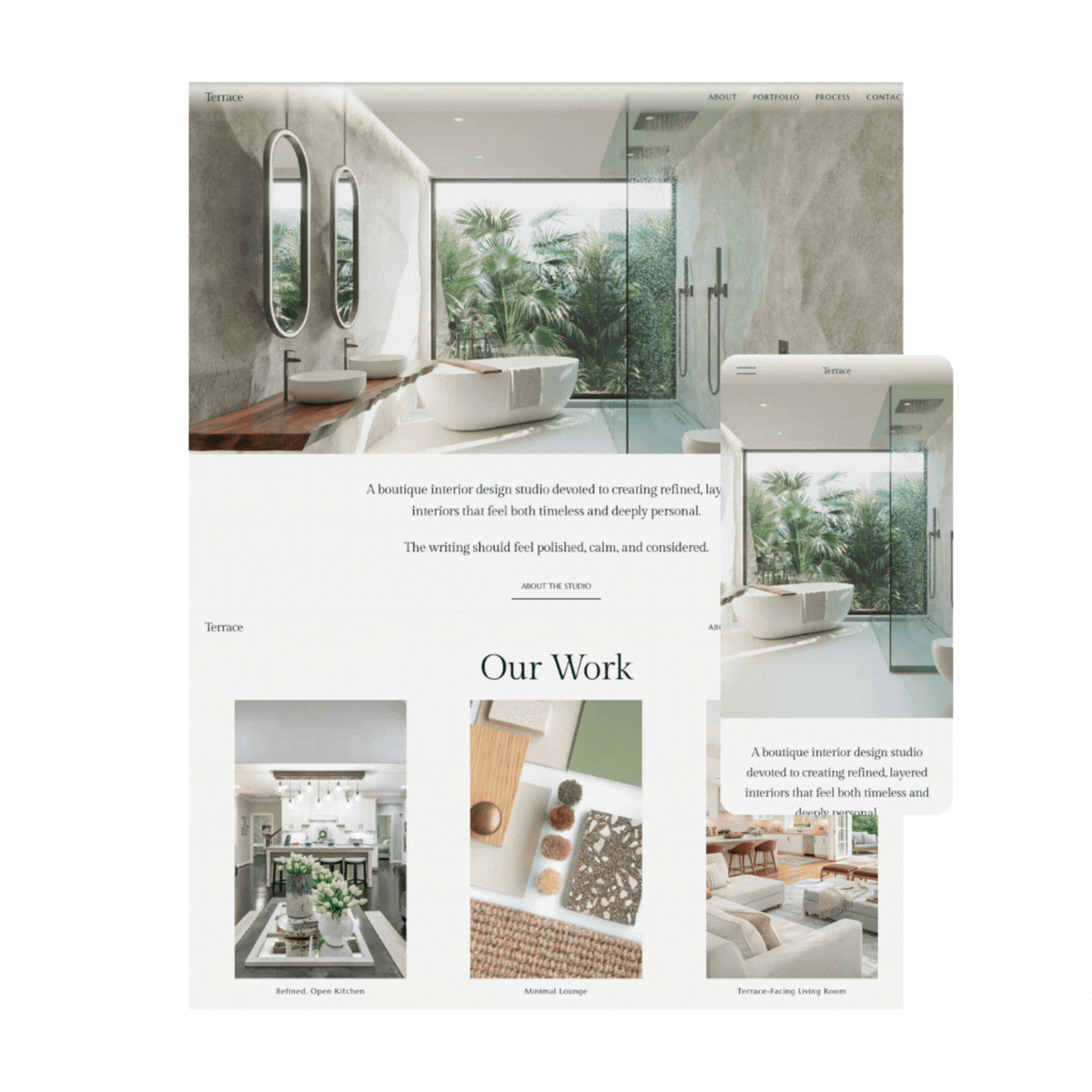 Design studio website showcasing modern interior spaces, including a bathroom with double sinks and a large window view of greenery, and a living room with white furniture and plants.