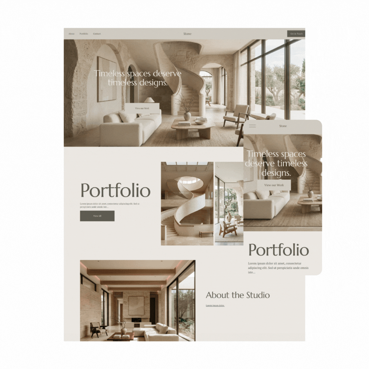 A website homepage for a design studio featuring modern interior spaces with beige and neutral tones, large windows, and contemporary furniture.