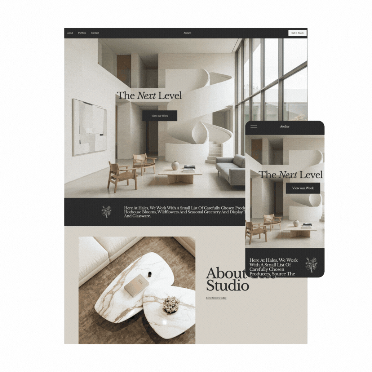 A website layout featuring interior design images with a modern, minimalist style, including a spiral staircase, seating area, and coffee table, with overlay text 'The Next Level' and additional text about the studio.