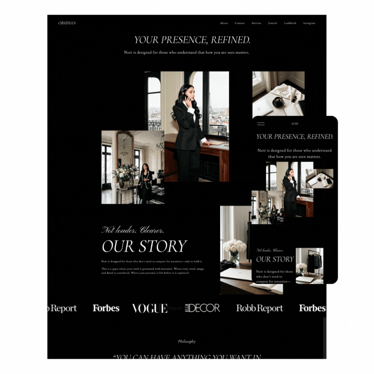A digital collage of a website-themed layout featuring a woman in a black suit inside an elegant room with large windows, along with photos of interior decor, flowers, and a workspace, all set against a black background with white and gray text.