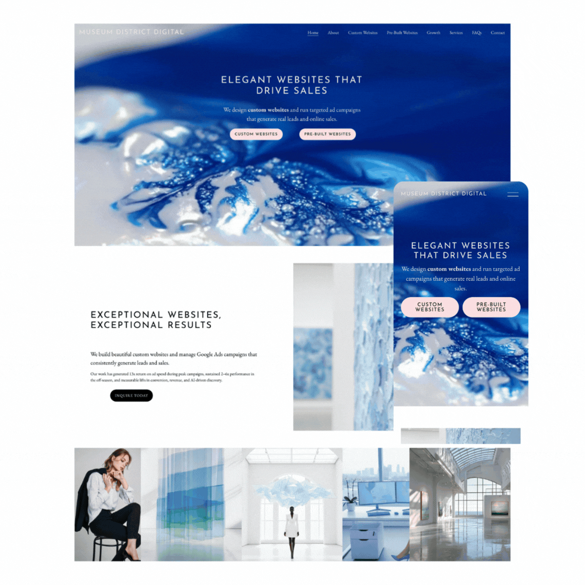 A web design agency's website displayed on a desktop and mobile device, featuring a blue abstract background with white text promoting custom and pre-built websites, and an image gallery of modern, minimalist architecture and interior spaces.