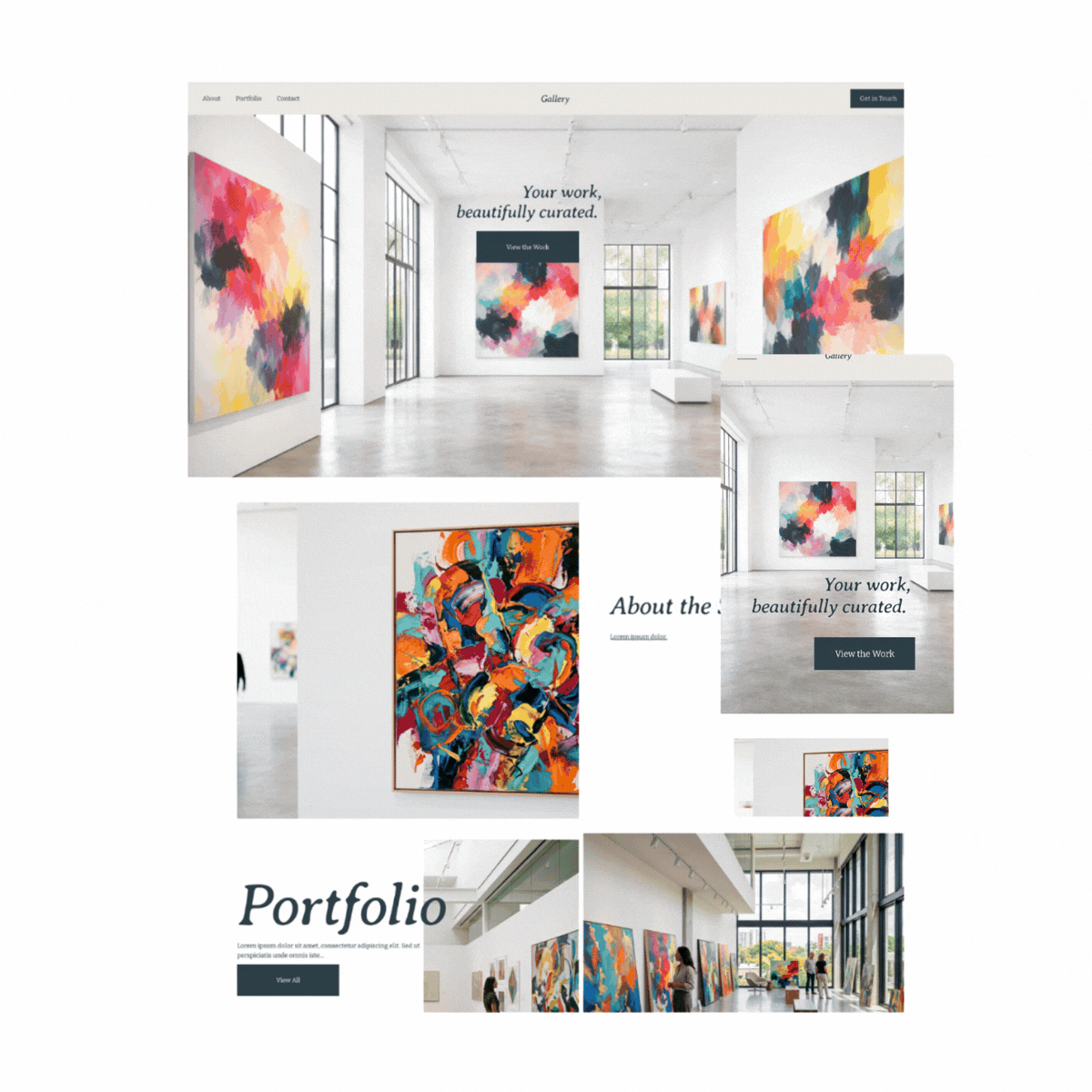 Artwork gallery showcasing colorful abstract paintings in a modern, well-lit art gallery with large windows.