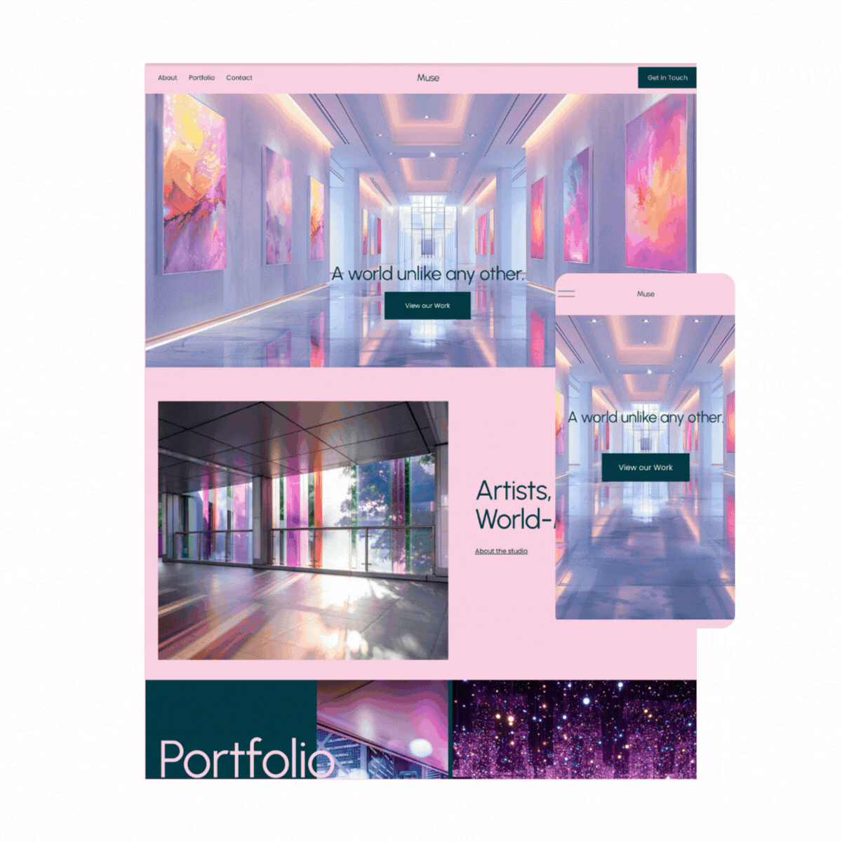 A colorful digital art gallery website with pink and blue theme, showing artwork images and navigation menu, titled 'Muse' with a focus on art and creativity.