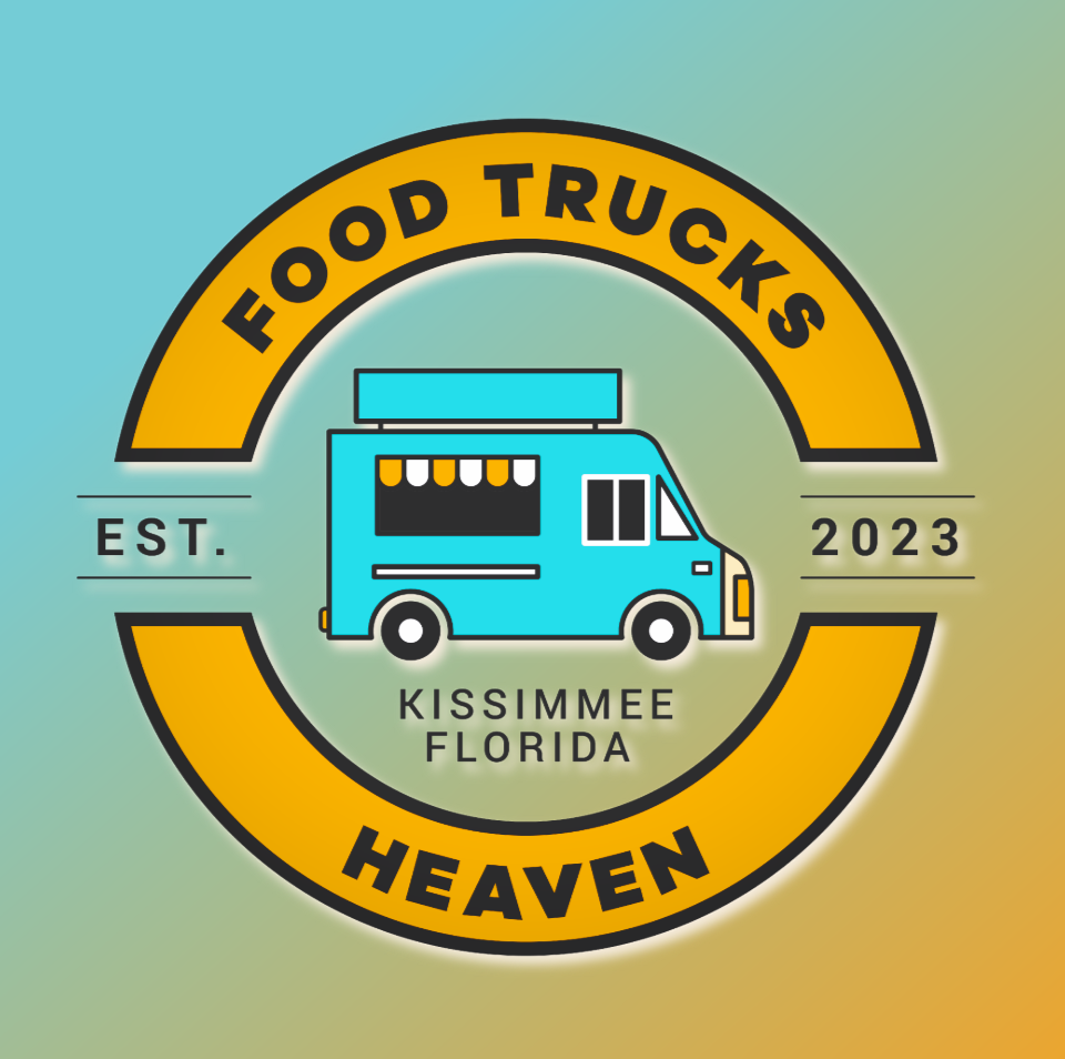 A circular logo for 'Food Trucks Heaven' with a blue food truck illustration in the center, the words 'Kissimmee Florida' below, and 'EST. 2023' on either side. The outer ring is yellow with black text.