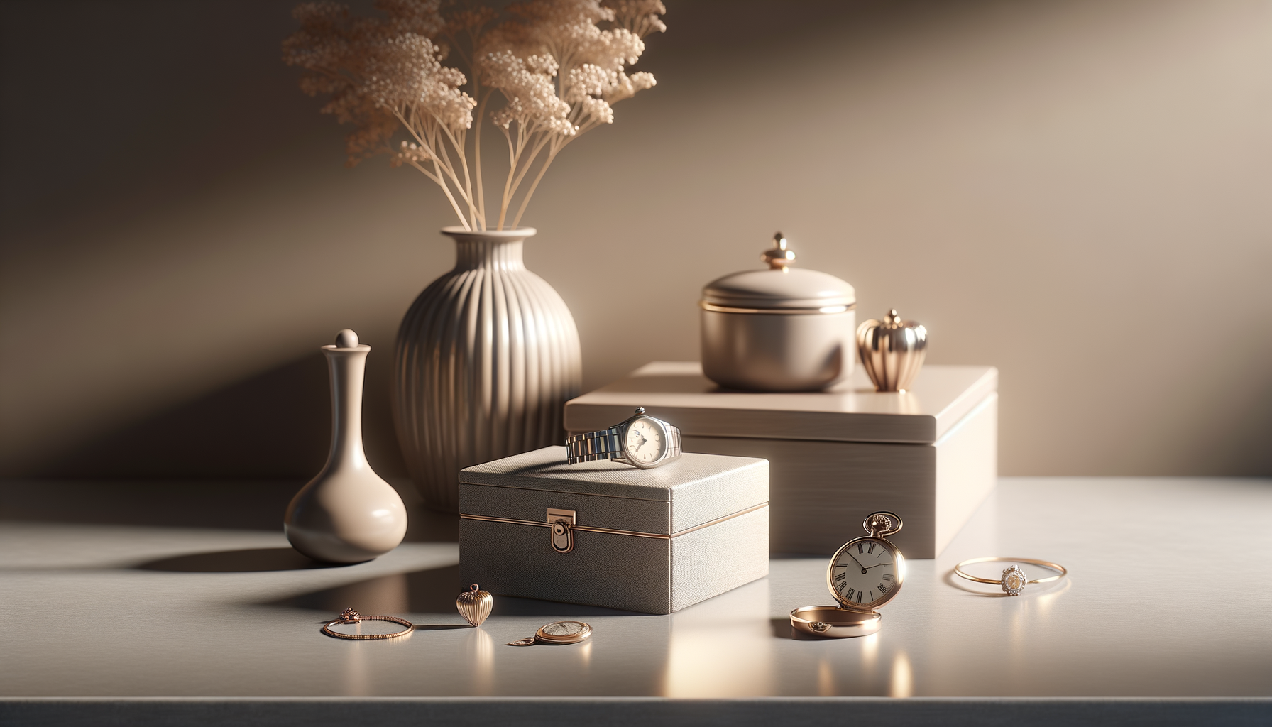 A still life arrangement of jewelry and decorative items on a beige surface, including a wristwatch, rings, necklaces, a pocket watch, and a small jewelry box, with a large beige vase filled with dried flowers in the background.