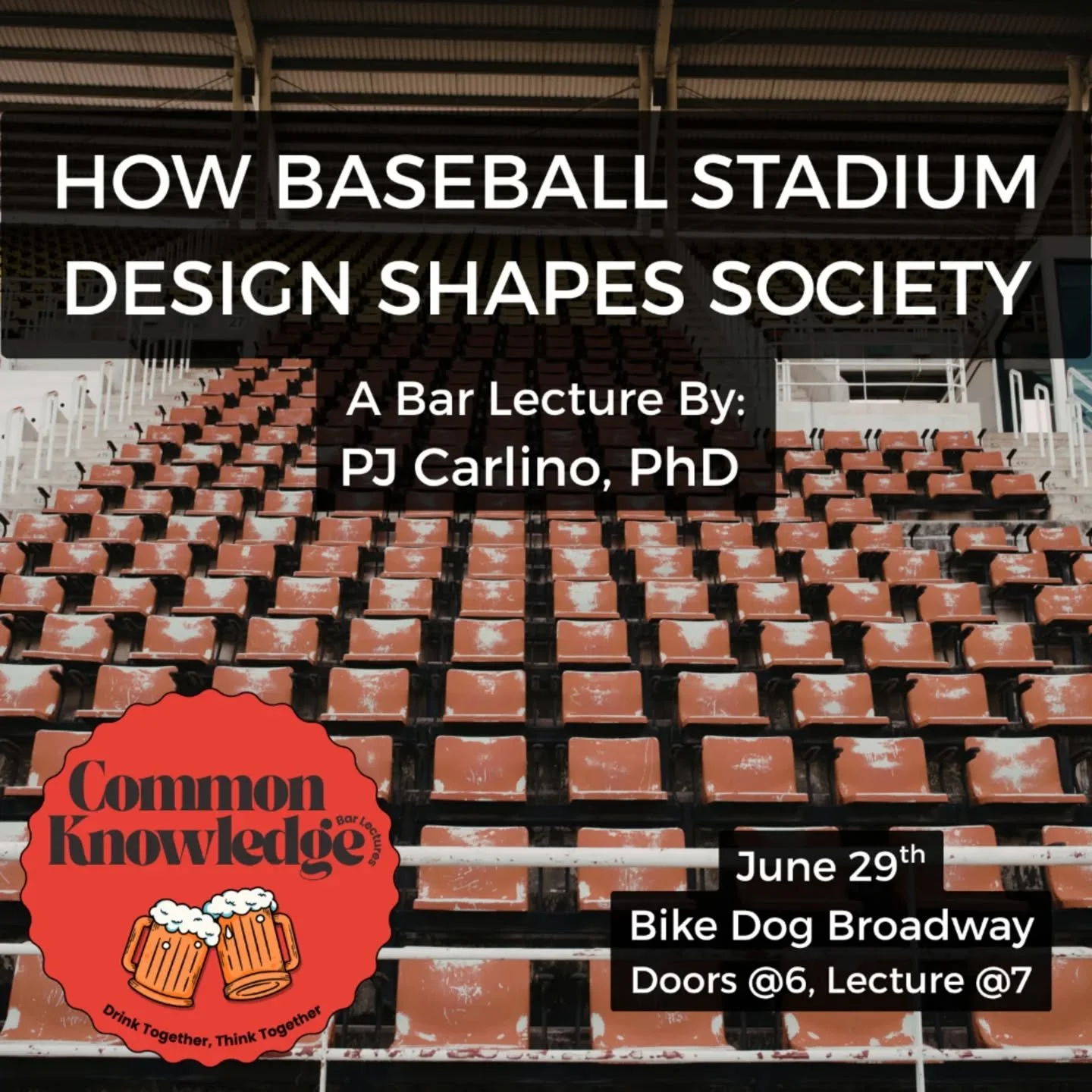 Title&nbsp;-&nbsp;How Baseball Stadium Design Shapes Society

Speaker -PJ Carlino, PhD,&nbsp;Assistant Professor of Design Studies at California State University, Sacramento

Location -&nbsp;Bike Dog Brewing, Broadway Location: 915 Broadway Suite 200