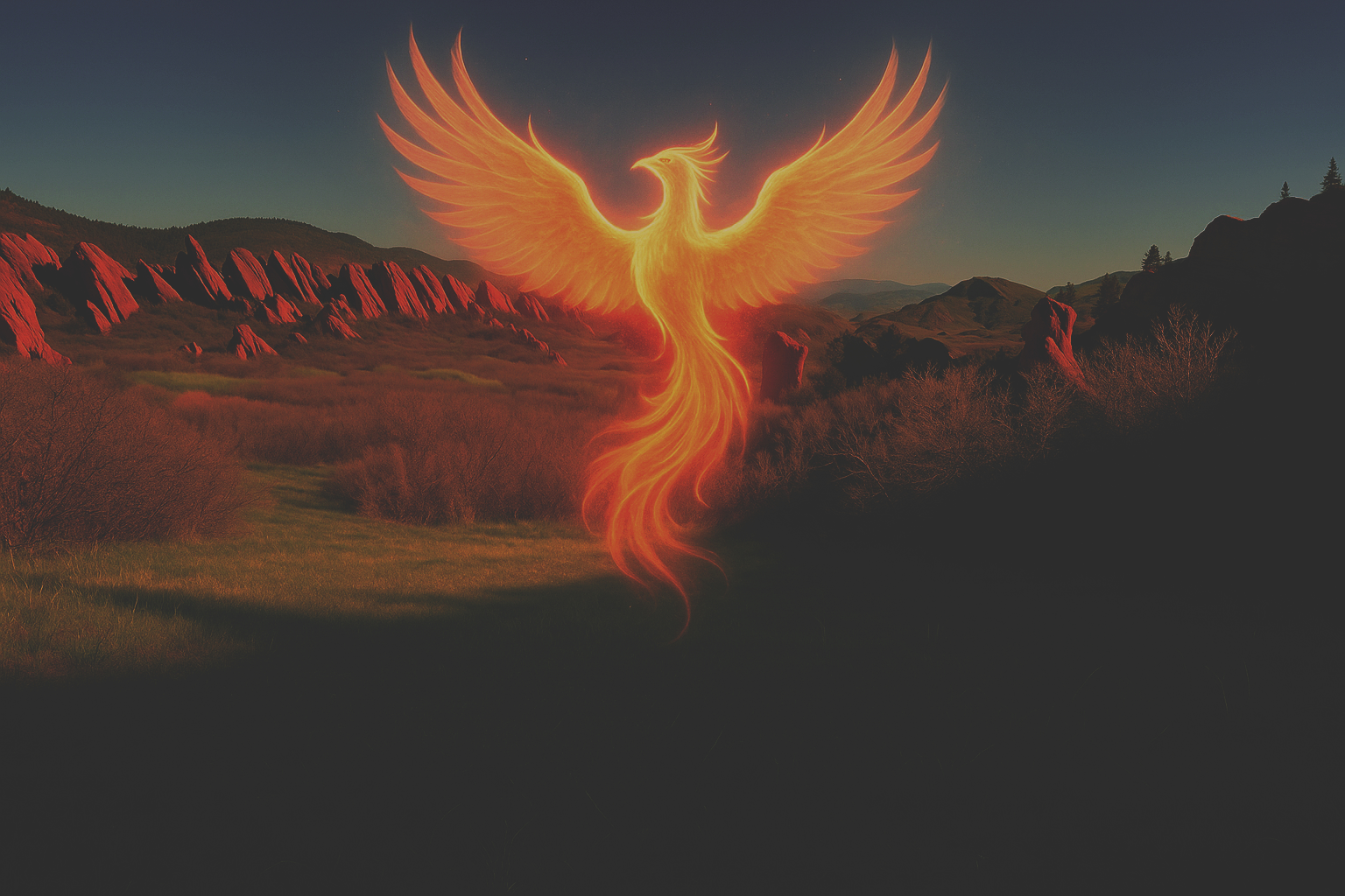 A glowing, fiery phoenix with outstretched wings rising from a landscape with red rocks and distant hills at dusk.