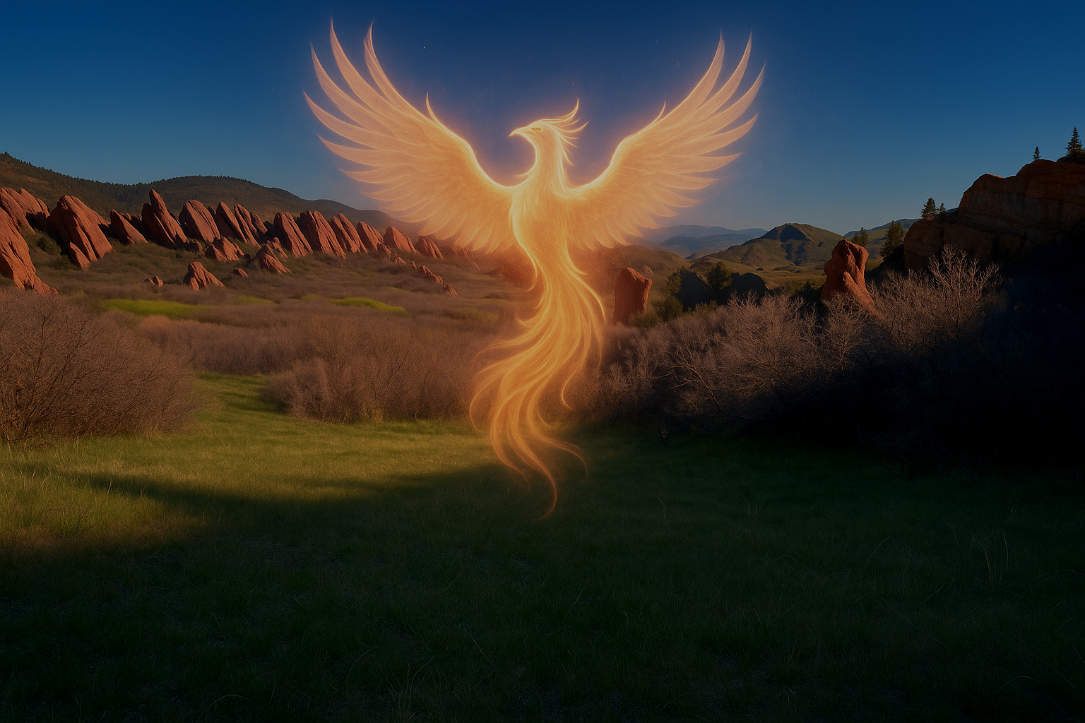 A glowing ethereal phoenix with fiery wings hovering over a green field with mountains and rocky formations in the background at dusk.