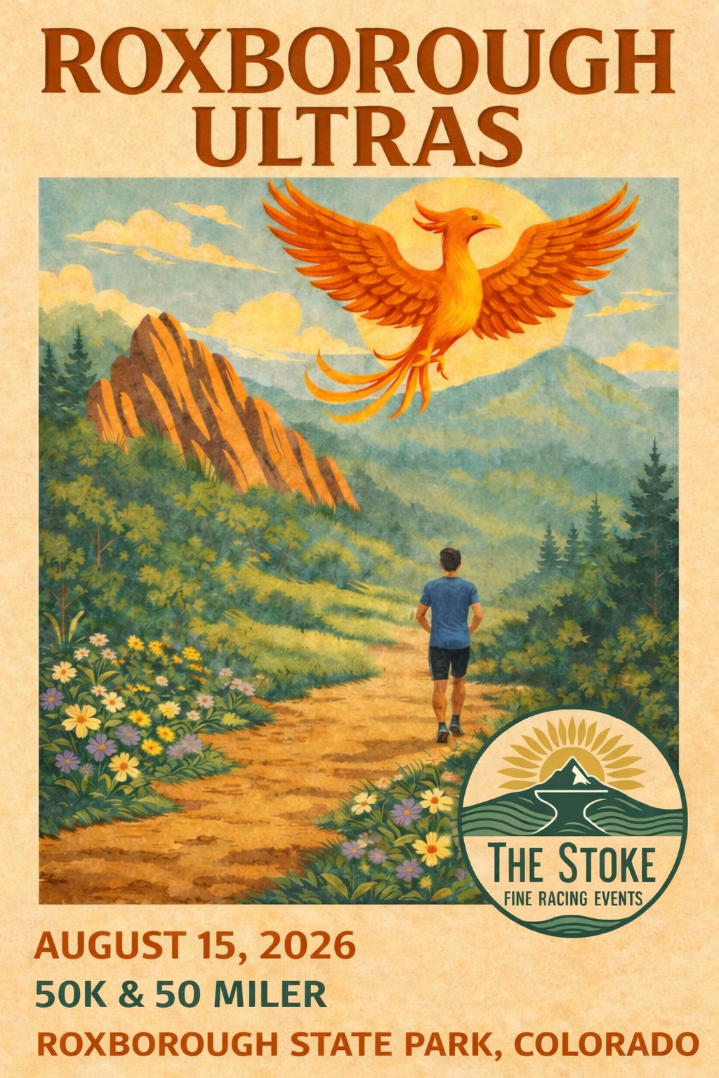 Illustrated event poster for Roxborough Ultras trail race featuring a runner on a winding trail, red rock formations, and a stylized bird over a mountain landscape.