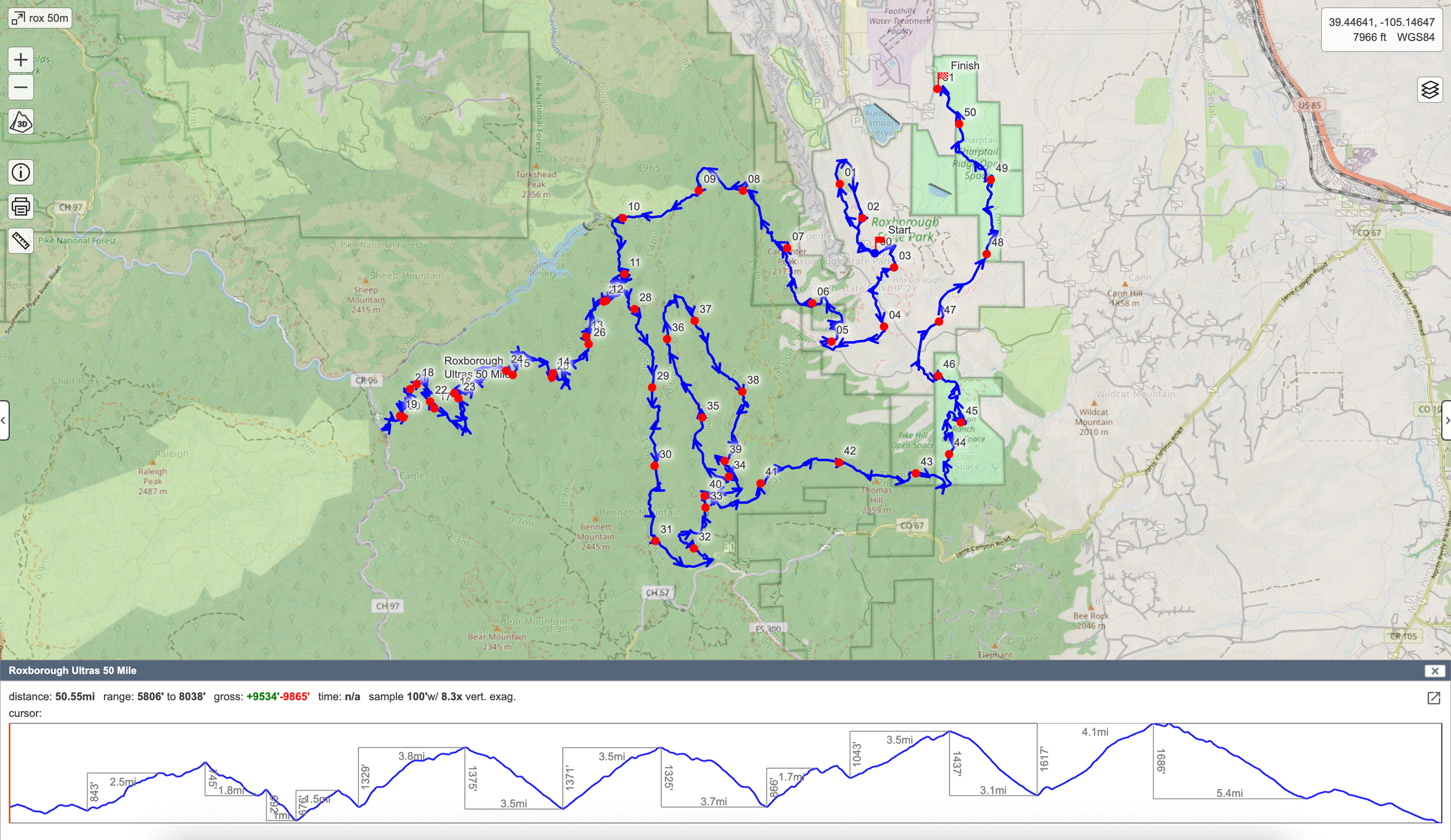 Roxborough Ultras 50 Mile Course Map from CalTopo