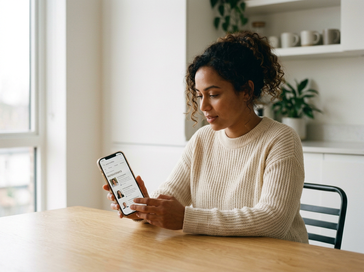 Woman with curly hair sitting at a wooden table, looking at her phone displaying a list of people.
