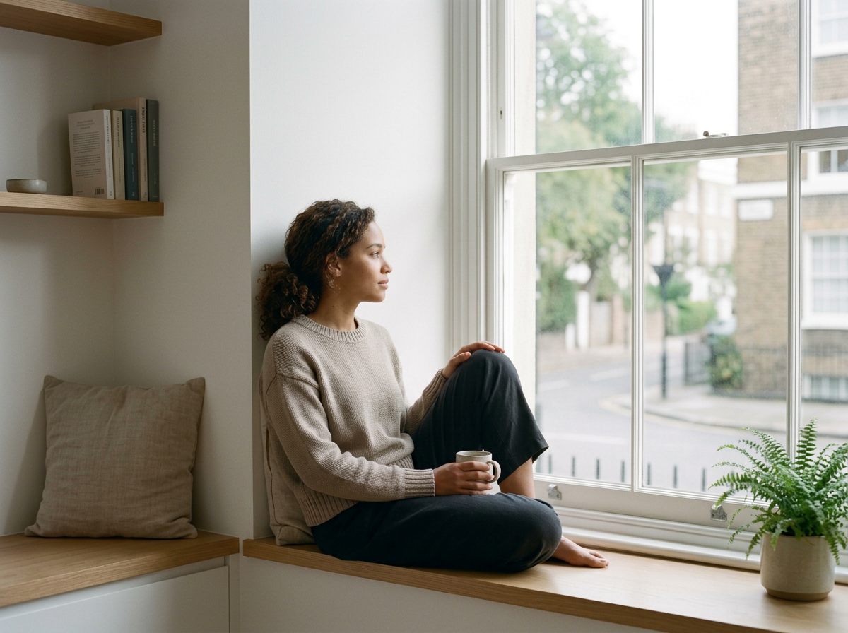 A young woman with curly hair sitting on a windowsill, holding a mug, looking out a large window in a cozy, well-lit room with minimalistic decor and a bookshelf.