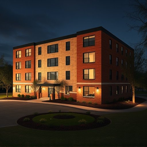 Nighttime view of a four-story brick apartment building with illuminated windows and exterior lights, surrounded by small trees and a landscaped lawn.