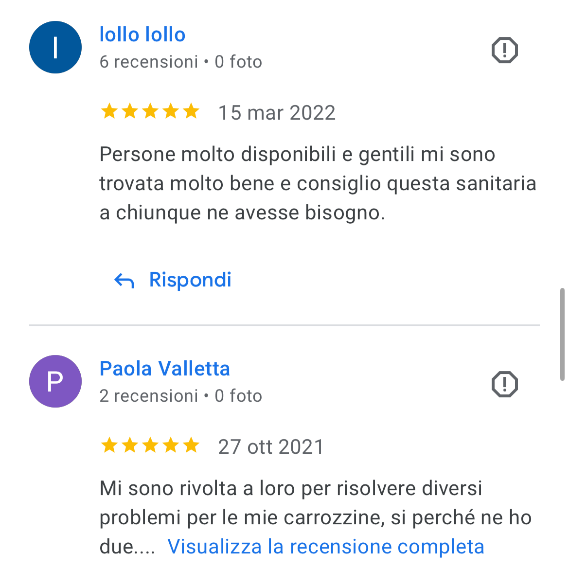 Screenshot di due recensioni 5 stelle su Google per Ausili Disabili Roma
