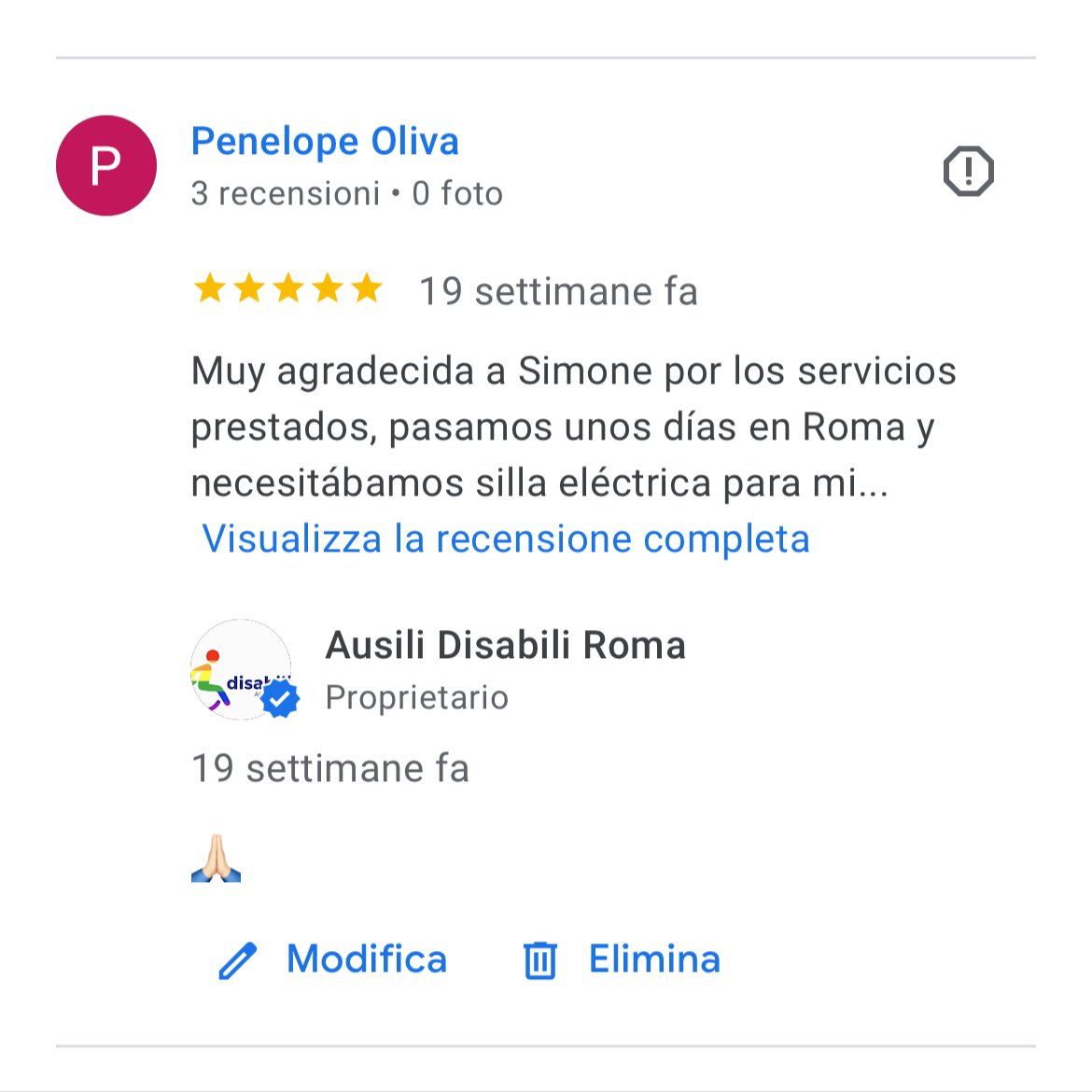 Recensione a 5 stelle su Google di Ausili Disabili da un cliente spagnolo