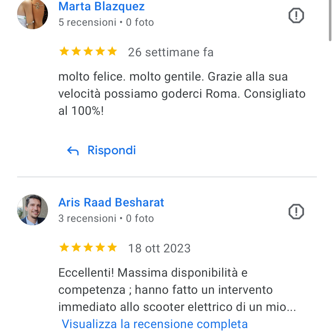 Screenshot di due recensioni Google a 5 stelle per Ausili Disabili Roma