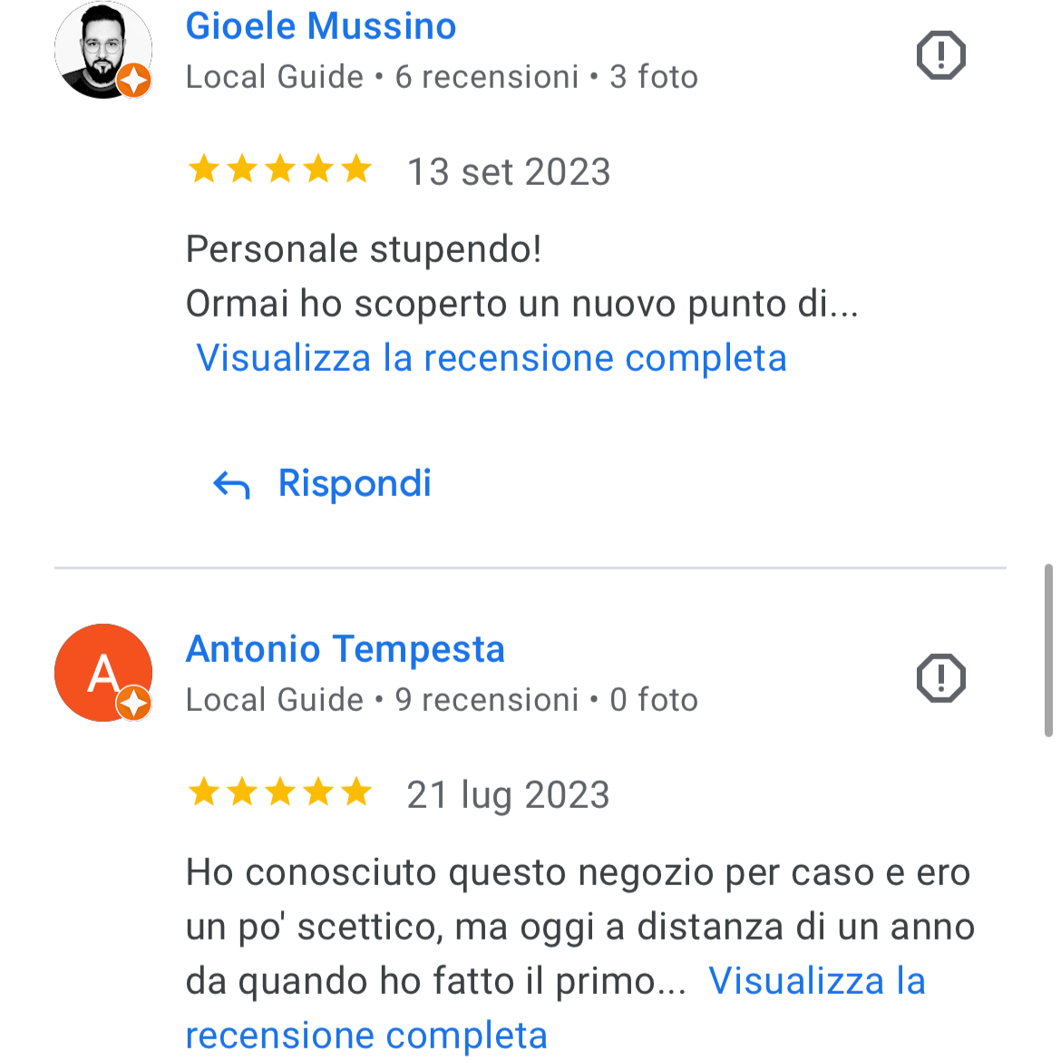 Screenshot di due recensioni a 5 stelle su google per ausili disabili