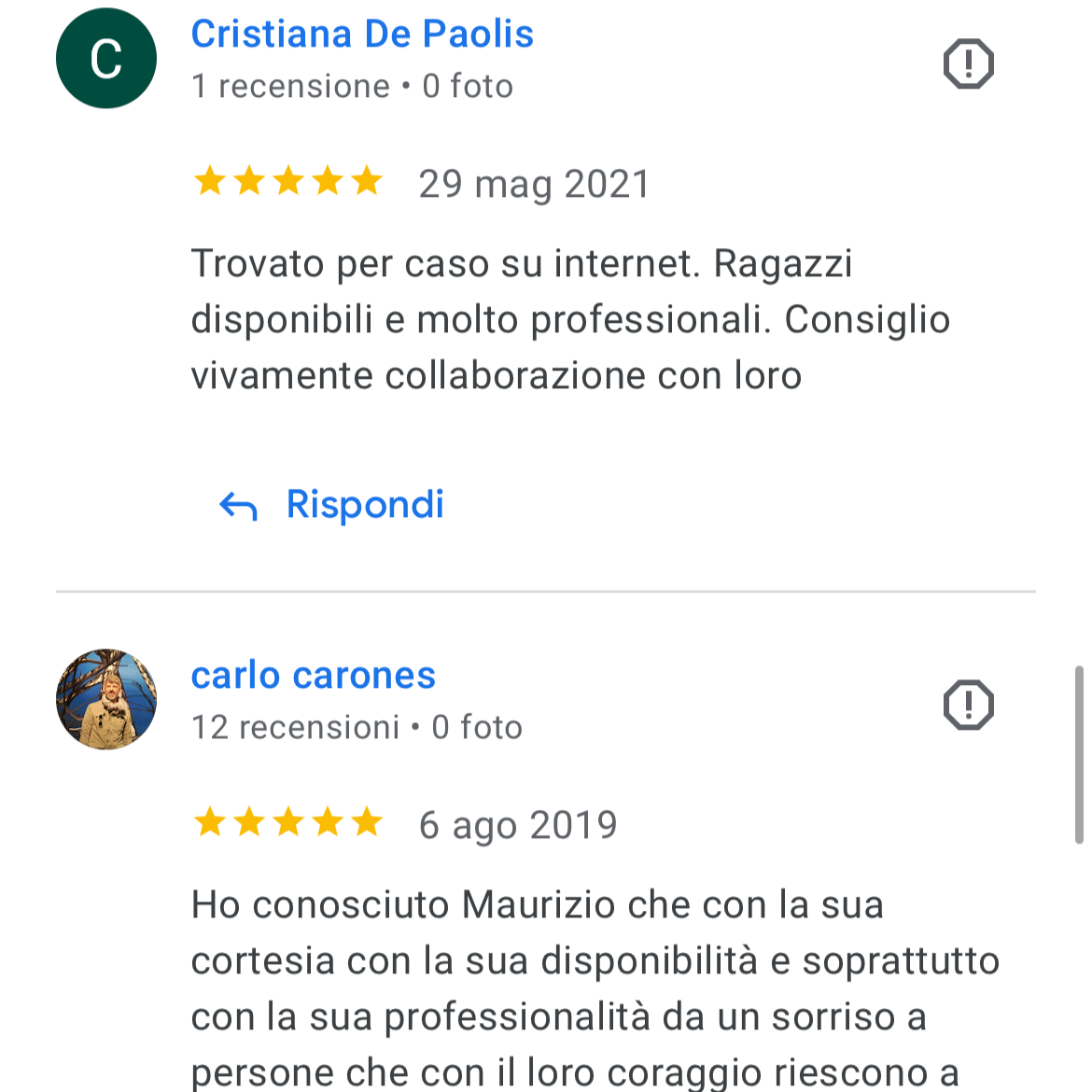 Screenshot di due recensioni Google a 5 stelle per Ausili Disabili Roma
